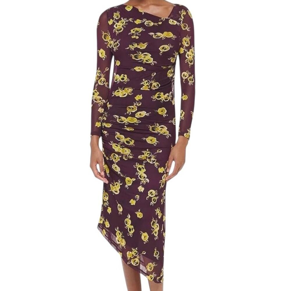 Calvin Klein Mesh Midi Dress Size L Plum Purple Yellow Ruched Asymmetric Witchy